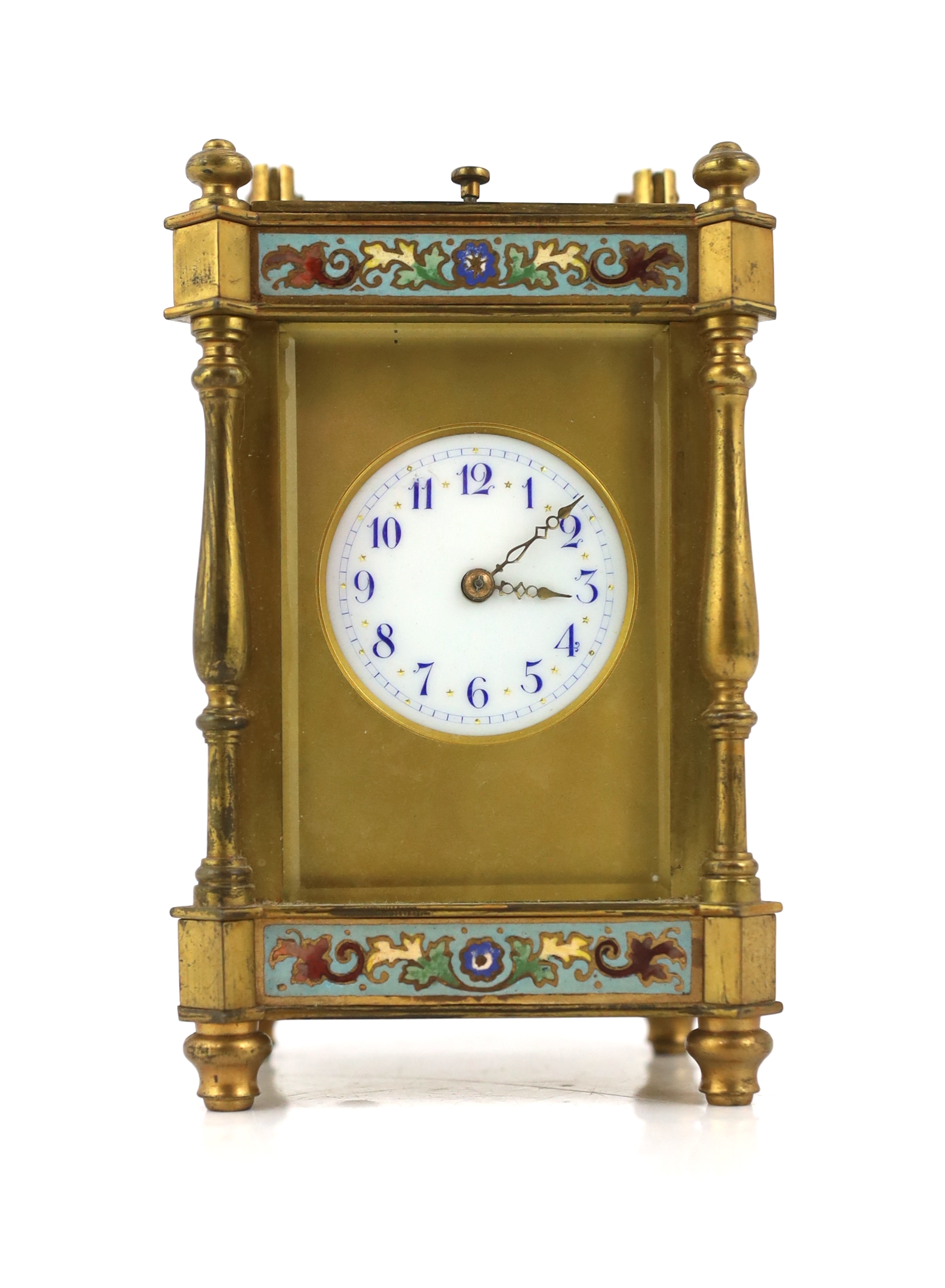 An early 20th century French ormolu and champlevé enamel hour repeating carriage clock